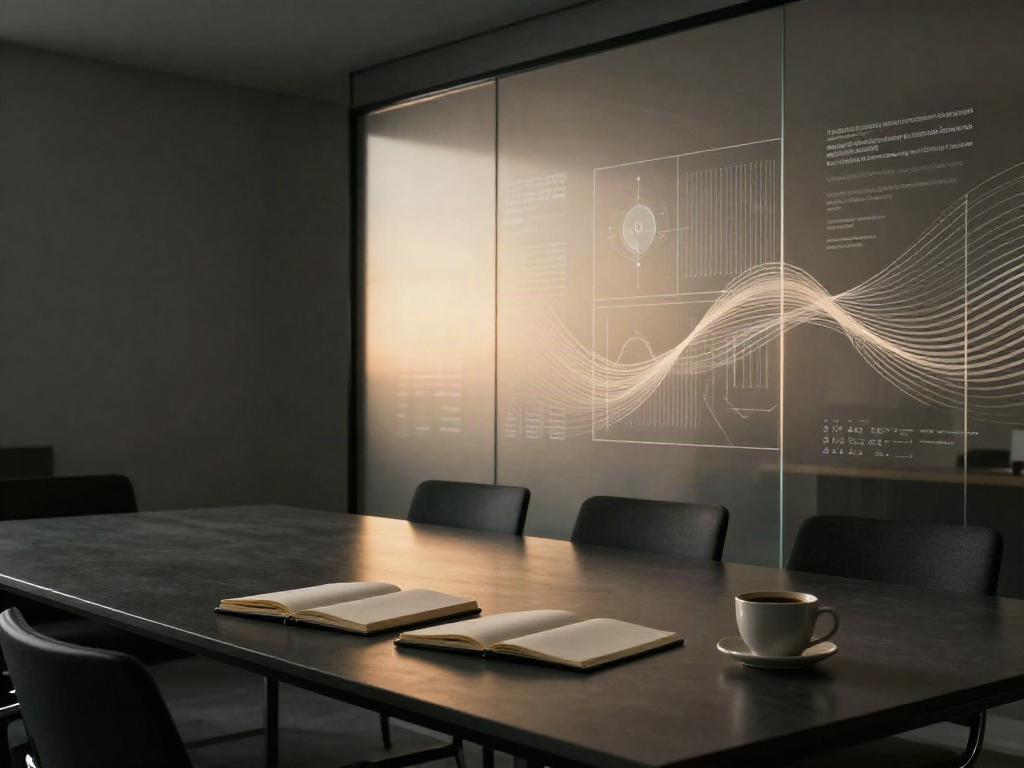 A strategic boardroom with abstract data visualizations on glass